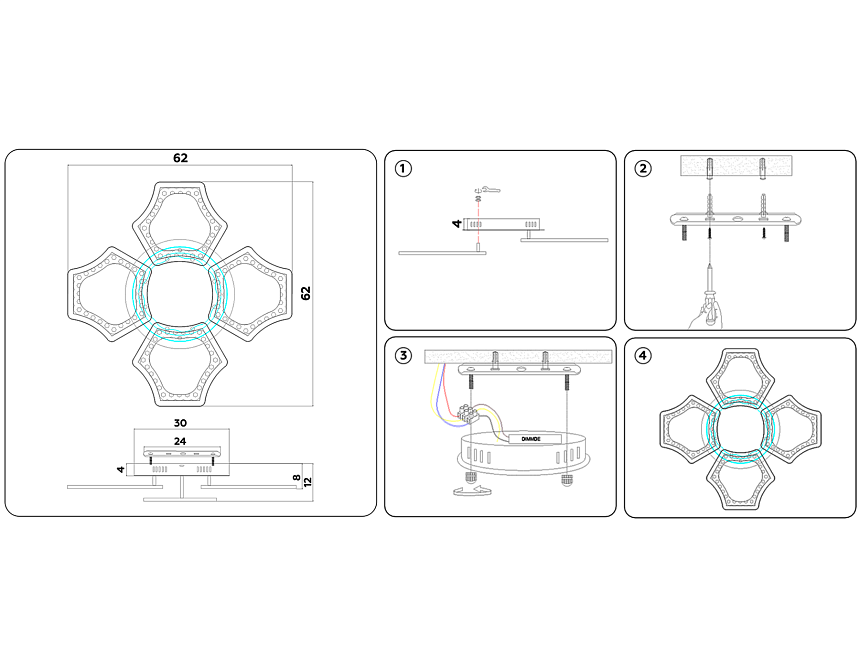 FA576/4+1 DCH черный хром 106W 620*620*120 (ПДУ РАДИО 2.4G)